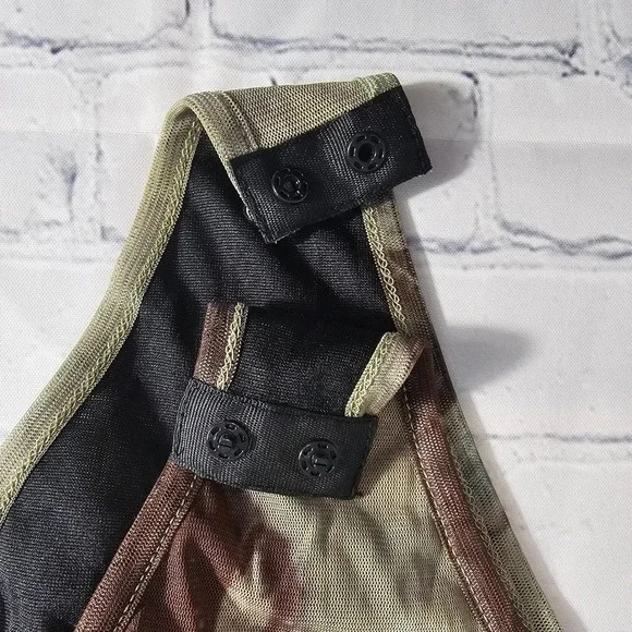 Cider Womens Abstract Portrait Graphic Mesh Bodysuit Ruched Brown Olive Large - Picture 7 of 11